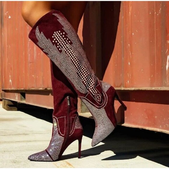CAPE ROBBIN OLKLEY Suede Rhinestone Knee High Boots Women's Size 8 - Picture 1 of 13